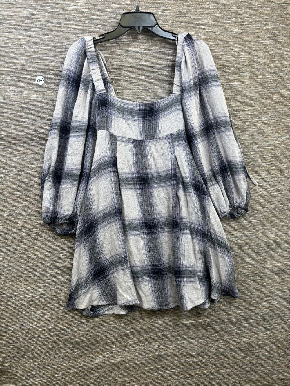 Urban Outfitters Womens Gray Navy Plaid Smocked Mini Dress Balloon Sleeve Size S